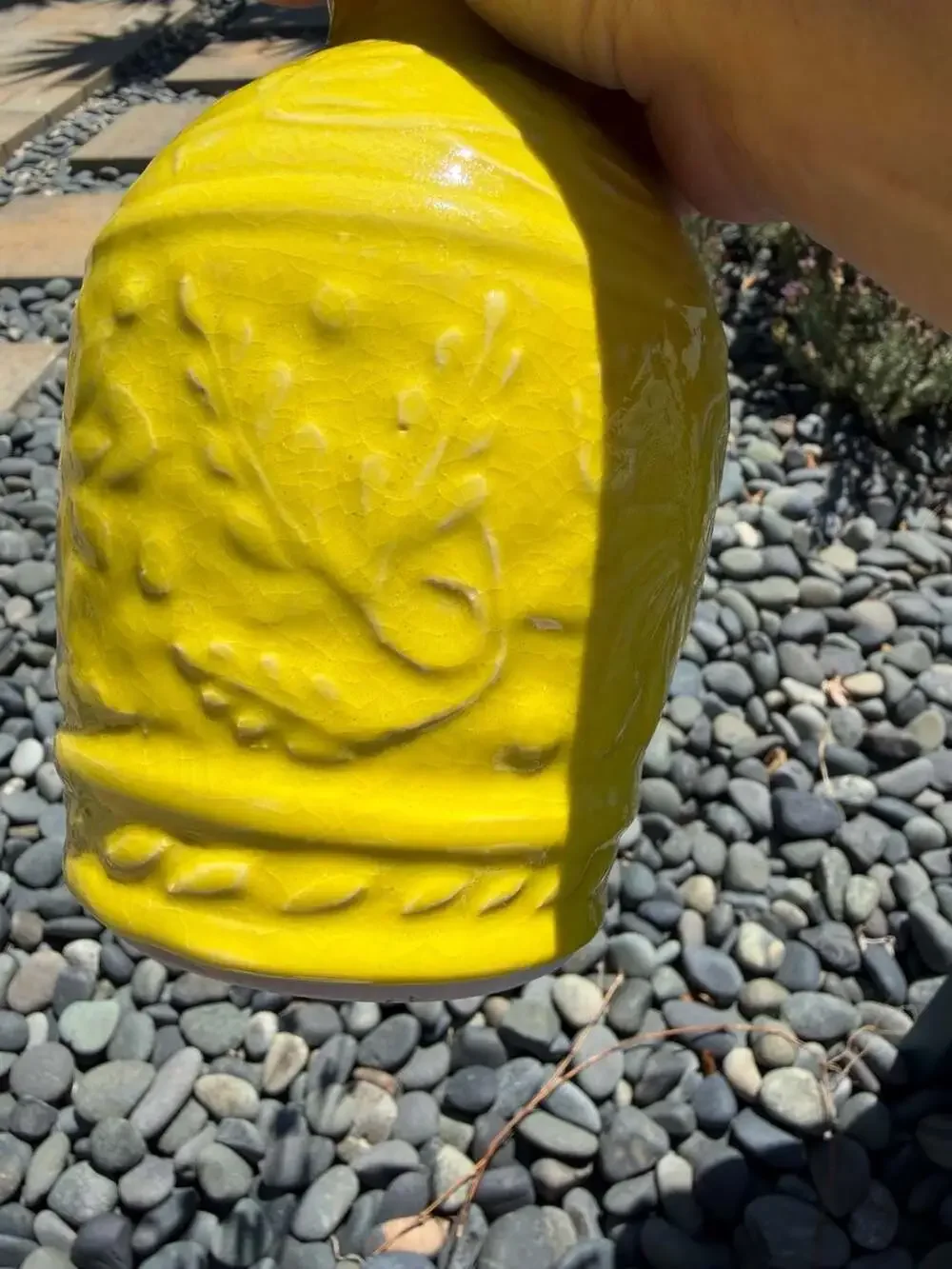 Handmade 2016 Yellow Glazed Ceramic Vase with Embossed Floral Detail‎ 8”